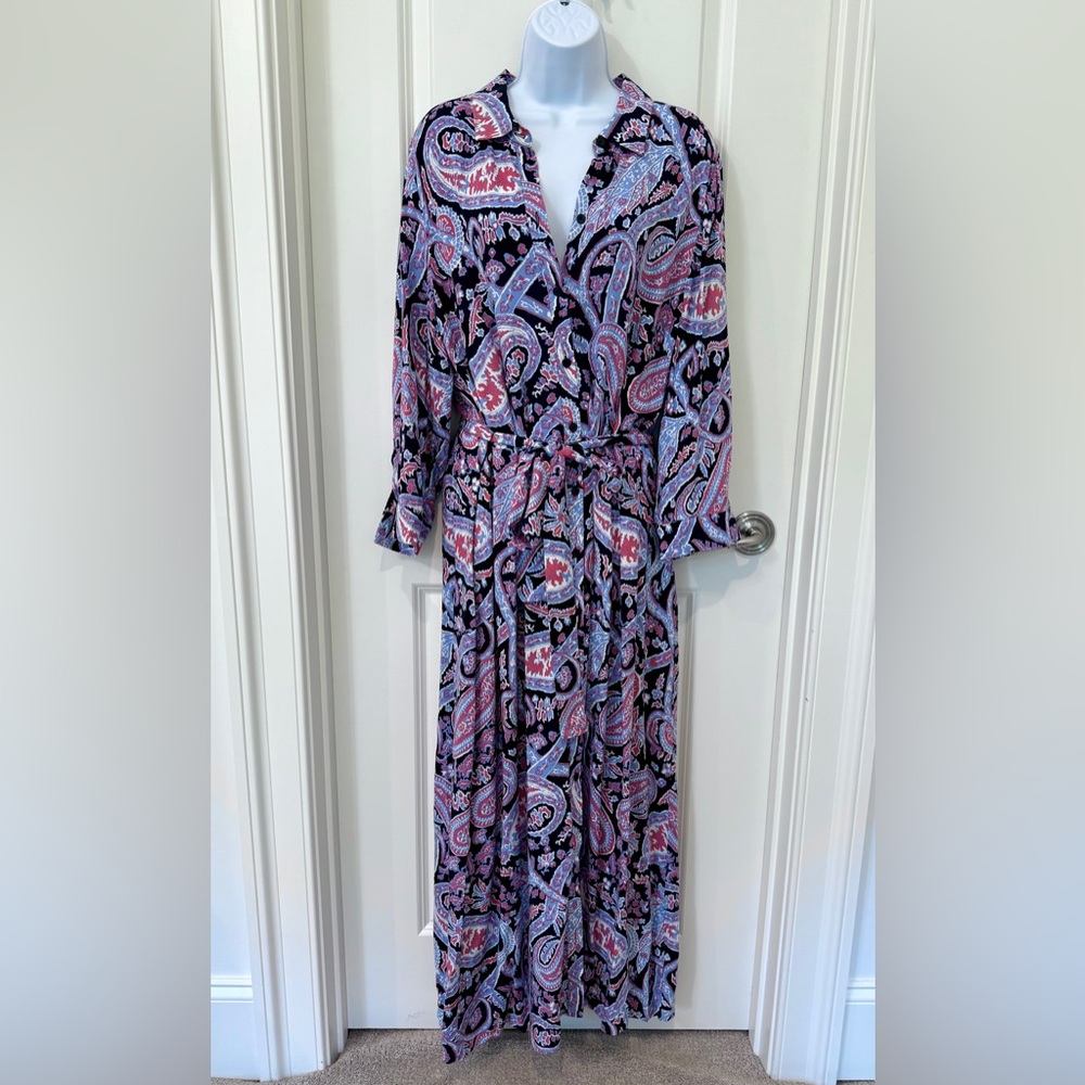 Talbots Long Sleeve Paisley Maxi Dress - Blue, White and Pink Size 18